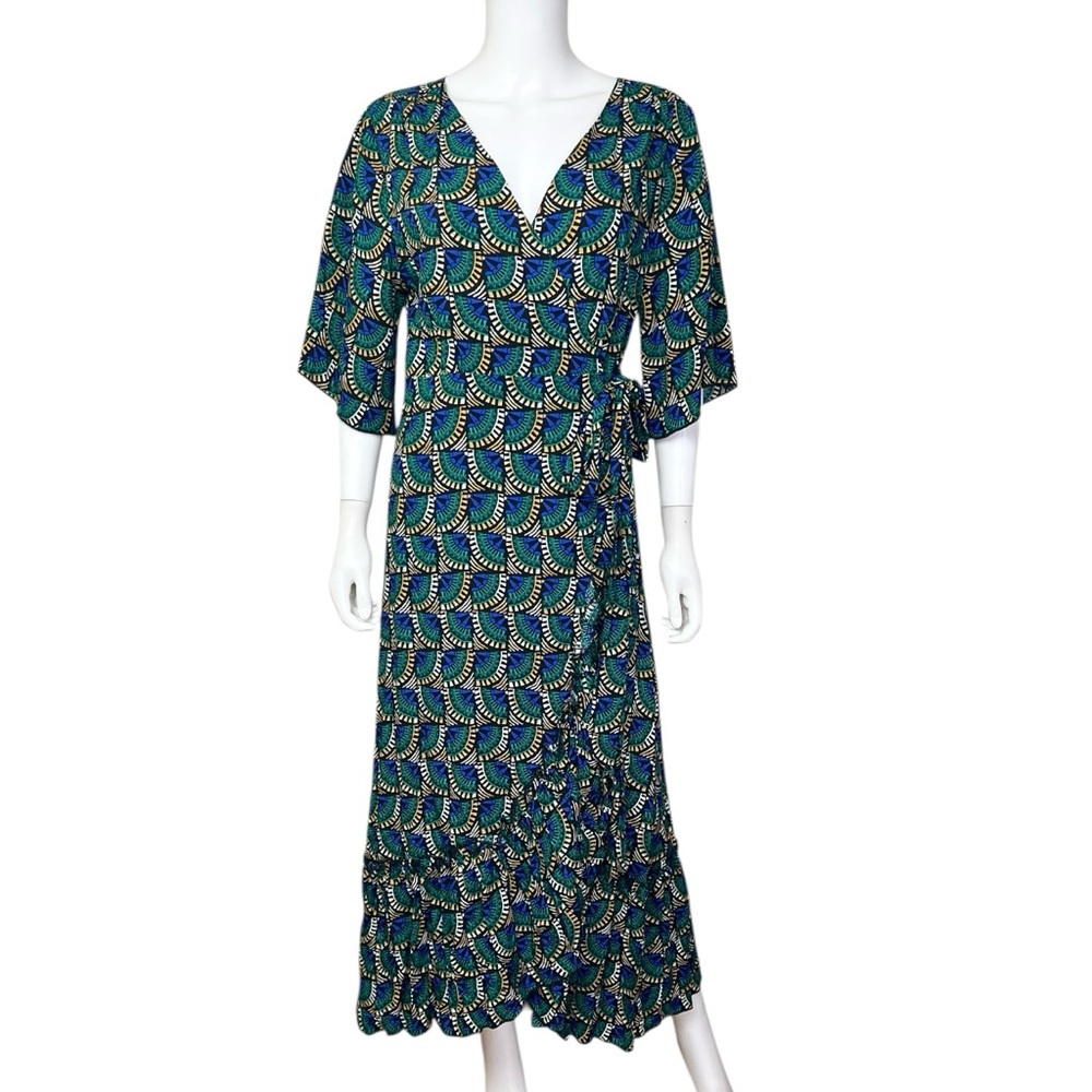 Printed V-Neck Midi Dress in Teal and Navy - Picture 4 of 10